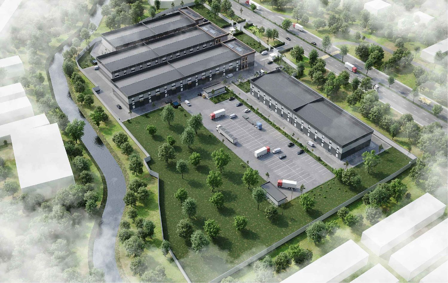 Aerial render of the completed logistics development