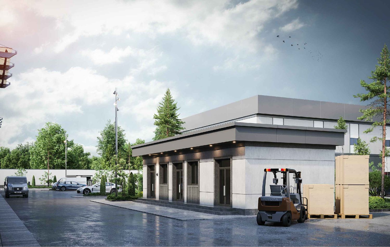 Render of the warehouse loading docks with forklift access