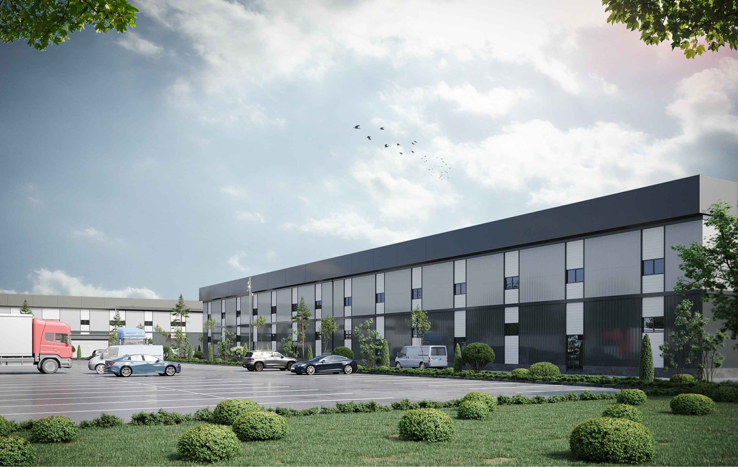 Render of the modular warehouse units along the service road